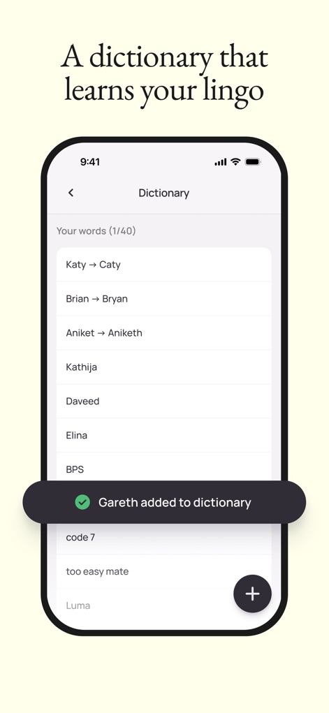 Wispr Flow: AI Voice Keyboard - Die App lernt den individuellen Sprachgebrauch des Nutzers, was durch die Liste der benutzerdefinierten Wörter im Wörterbuch und die Bestätigung „Gareth added to dictionary“ eindrucksvoll belegt wird.
