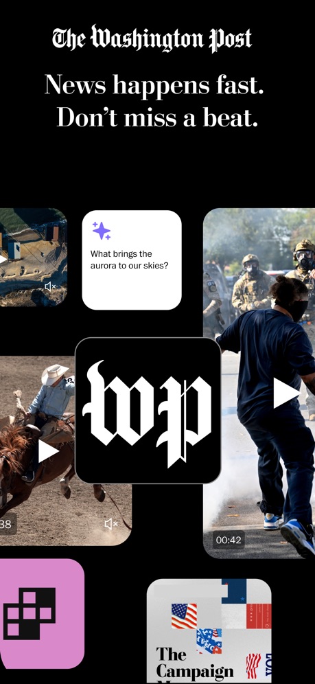 Washington Post: Breaking News App Store screenshot 1, headline “News happens fast. Don't miss a beat.”. Has a kicker.