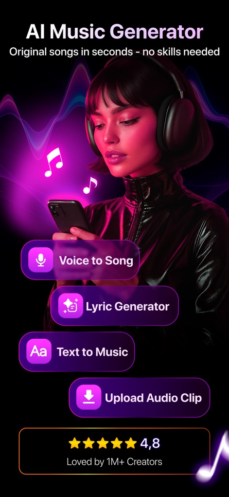 AI Music Maker・Song Generator・ - See how the app leverages 'Voice to Song' and 'Text to Music' options to quickly generate original tracks for any skill level.