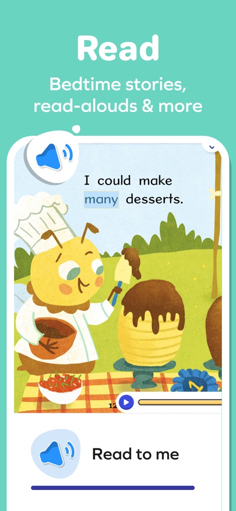 SplashLearn: Kids Learning App - Los niños pueden sumergirse en historias, leer en voz alta y más, con ilustraciones coloridas de personajes como la abeja chef, y la función 'Read to me' con un ícono de altavoz para lectura asistida.