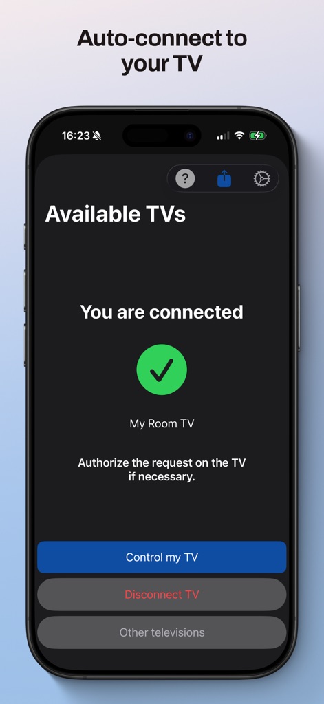 TV Remote • Universal Control - Esta herramienta facilita la conexión con televisores, mostrando un estado "Conectado" con un icono de verificación verde a dispositivos específicos como "Mi TV de Sala", y ofreciendo botones claros para "Controlar mi TV" o "Desconectar TV".
