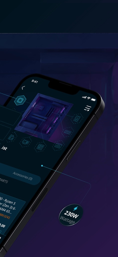 Newegg - Tech Shopping Online - 사용자는 PC 빌드 목록에서 선택한 부품의 세부 정보를 확인할 수 있으며, 시스템의 총 전력 소비량(예: 230W)과 같은 중요한 정보도 함께 제공됩니다.