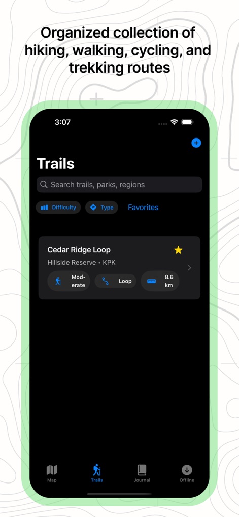 Offline RouteMap 3D - Users can browse an organized 'Trails' library, featuring a search bar for quick access and detailed listings like 'Cedar Ridge Loop' with key stats.