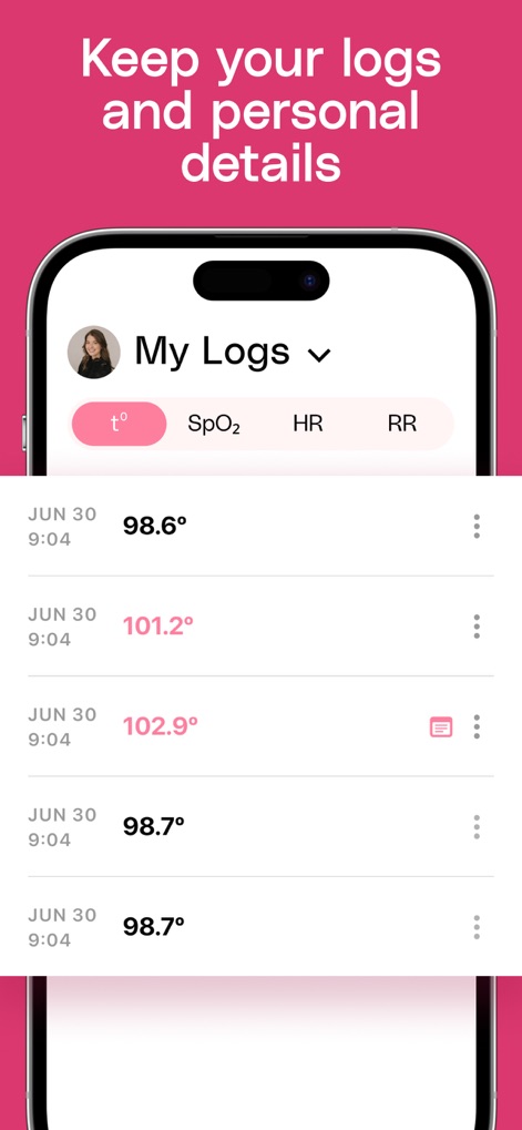 Body Temperature App For Fever - Explore the 'My Logs' screen where users can view recorded data for 't°' (temperature) and other metrics, organized by date and time.
