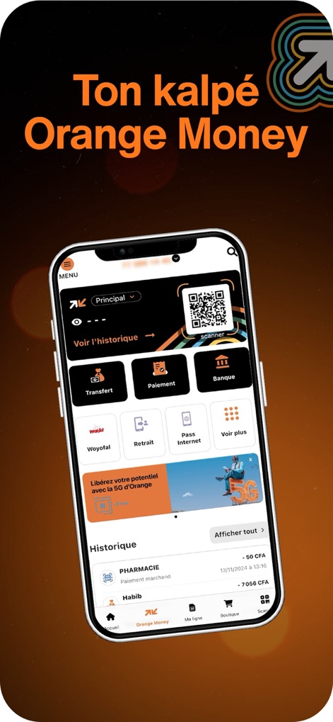 Orange Max it Sénégal - The app provides seamless 'Orange Money' management, enabling users to effortlessly perform 'Transfert' and 'Paiement' transactions, with a detailed 'Historique' for tracking financial activity.