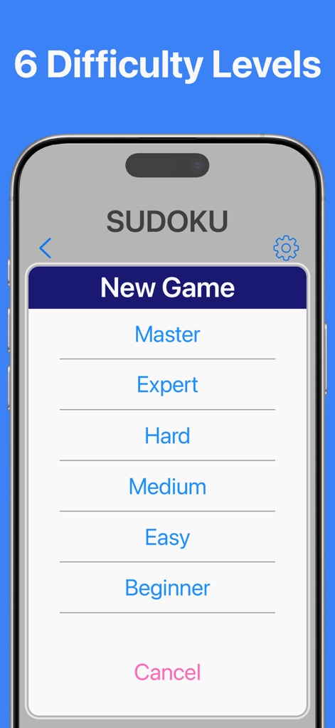 Sudoku No Pop-up Ads - ユーザーは「Master」から「Beginner」までの「6種類の難易度」から選択して、自分のスキルレベルに合わせた新しいゲームを開始できます。