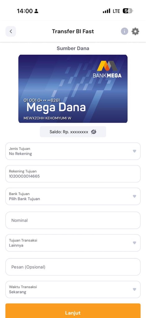 M-Smile by Bank Mega - See how M-Smile by Bank Mega simplifies interbank transfers with its clear "Transfer BI Fast" screen and intuitive "Rekening Tujuan" (destination account) input fields.