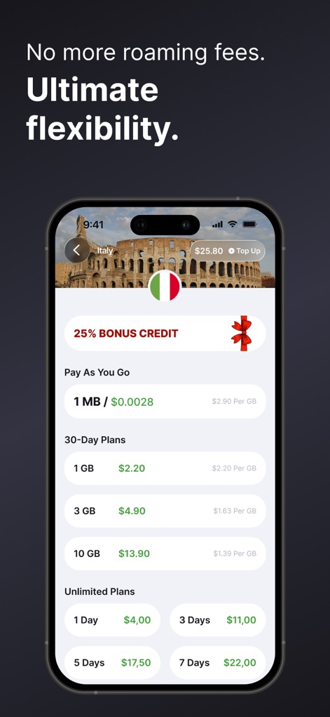 eSIM io: Global SIM Card - このアプリは、イタリアのデータプラン表示で「Pay As You Go」の料金体系と様々な期間の「30-Day Plans」を提供し、ユーザーに柔軟な選択肢をもたらします。