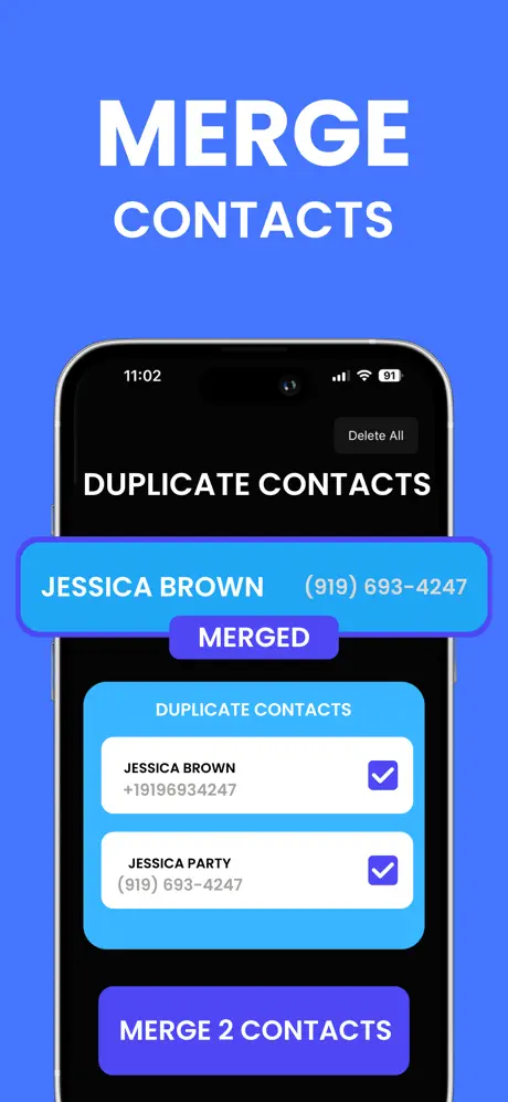 Cleanor for iPhone screenshot showing duplicate contacts cleanup