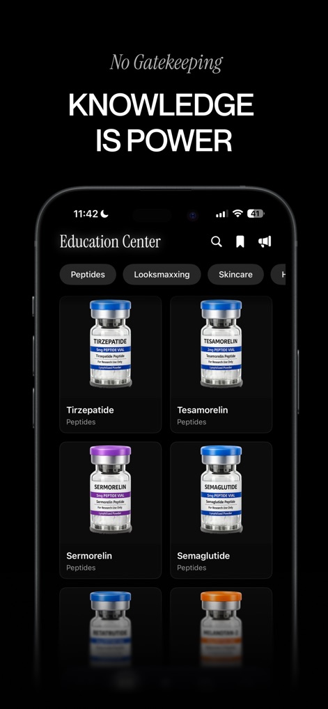 Ascension - Facial Analysis - Access the app's "Education Center" with resources on "Peptides" and "Looksmaxxing" for informed self-improvement strategies.