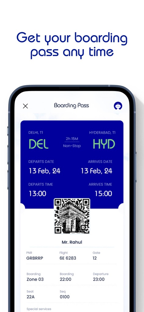 IndiGo: Flight Booking App - ユーザーは、フライトの詳細情報とQRコードが表示されたデジタル搭乗券をいつでも手軽に利用できます。