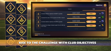 Soccer Manager 2026 - Football - 사용자는 경기장 수용 인원 증가(60,607명 이상)와 팀 가치 상승(£1.1억 이상)과 같은 다양한 클럽 목표를 달성하여 보상을 획득하고, 지속적인 동기 부여를 얻을 수 있습니다.