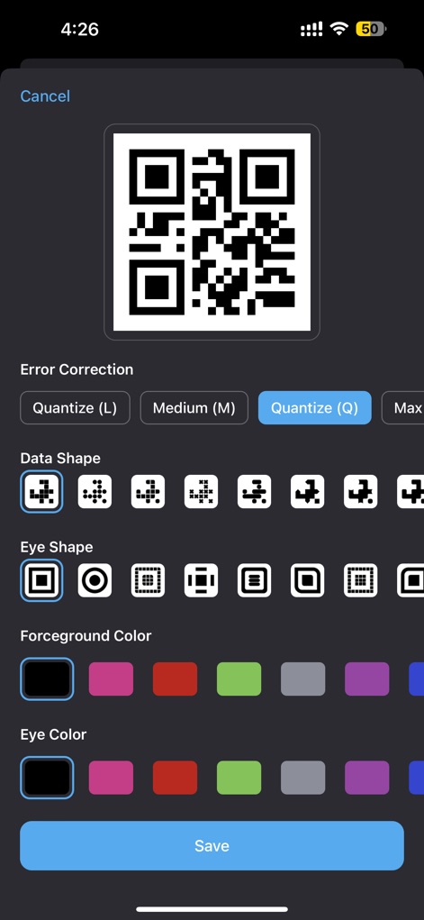 Offline: Files, Browser, VPN - Users can effortlessly generate and customize QR codes, choosing from various 'data shapes' and 'eye colors' to personalize their digital presence.