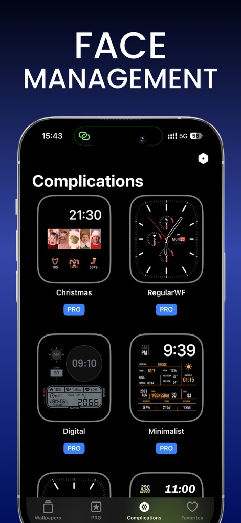 Watch Faces & Widget Gallery - The app presents a dedicated section for managing complication-based designs, offering an organized selection of faces like 'Digital' and 'Minimalist' to suit diverse user needs.
