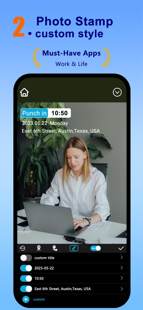 Timestamp Camera: Aio GPS Cam - The app provides extensive customization options, enabling users to finely tune the timestamp's appearance and select specific data points like the 'Punch in' time and location.