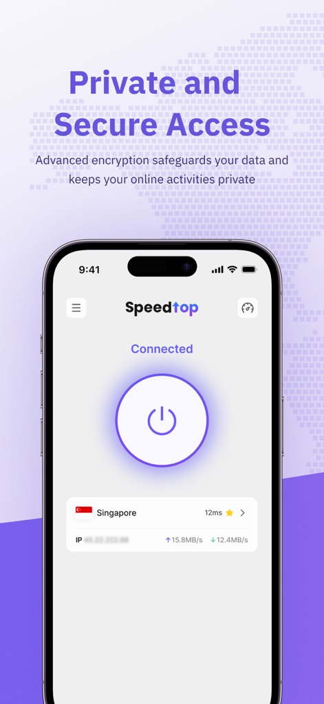 SpeedTop VPN: Fast & Secure - Witness the app's commitment to privacy, depicted by the secure "Connected" state and the obfuscation of the user's actual IP address for enhanced data protection.