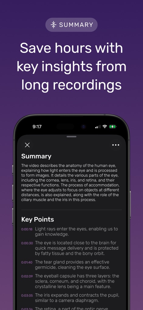Noted: Record & AI Transcribe - This tool offers intelligent summaries that distill long recordings into concise key points, each linked with a precise timestamp.