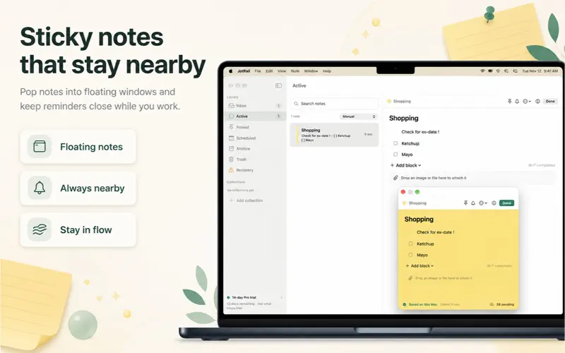 JotRail: Sticky Notes: Floating sticky note beside the notes library