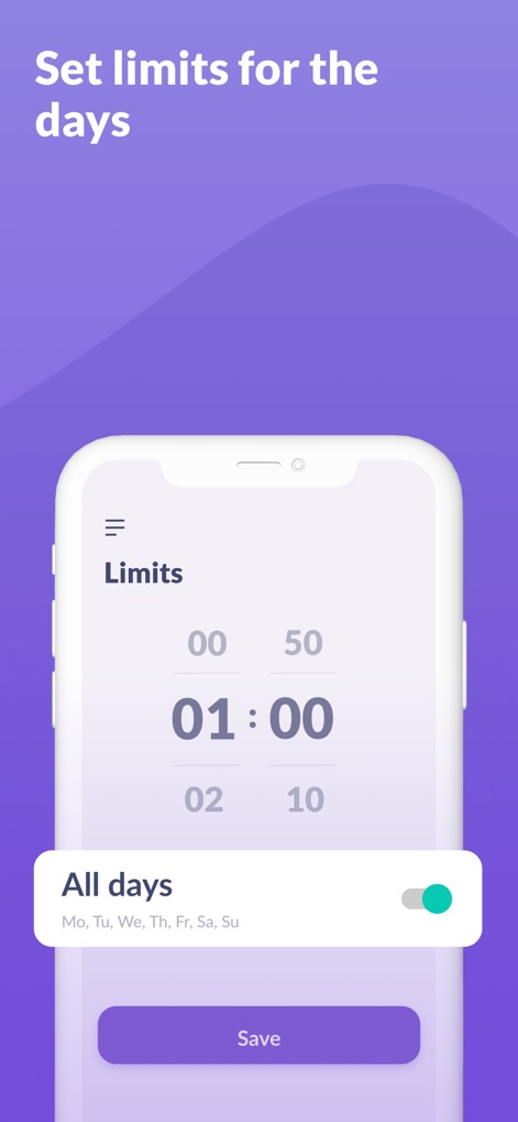 Alli360 by Kids360 - 사용자는 시간 제한 설정 인터페이스에서 특정 시간을 지정하여 앱 사용 시간을 제어할 수 있으며, "모든 요일"에 이 제한을 일괄적으로 적용할 수 있는 토글 버튼을 포함합니다.