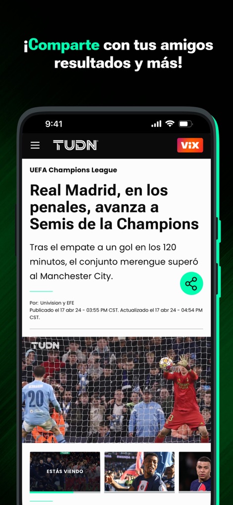 TUDN: TU Deportes Network - Users can easily share engaging sports news articles and explore related video content directly within the app.