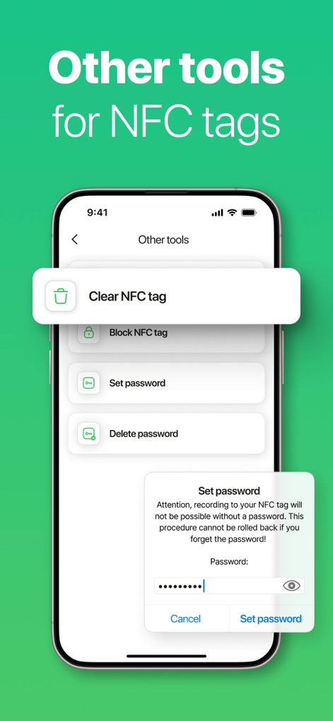 NFC Reader & Scannerㅤ - Access powerful "Other tools" to manage tags securely, including options to "Set password" and "Block NFC tag" for protection.