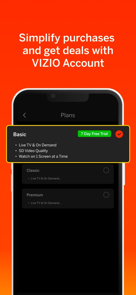 VIZIO | WatchFree+ - Cet outil facilite la gestion des abonnements, permettant de visualiser les détails des plans et de bénéficier d'un essai gratuit de 7 jours.