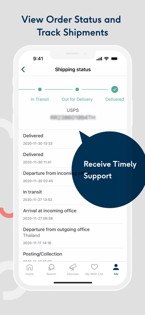 Pinkoi - Users can easily view their "Shipping status" with detailed updates, ensuring transparency and signaling that they will "Receive Timely Support" throughout the delivery process.