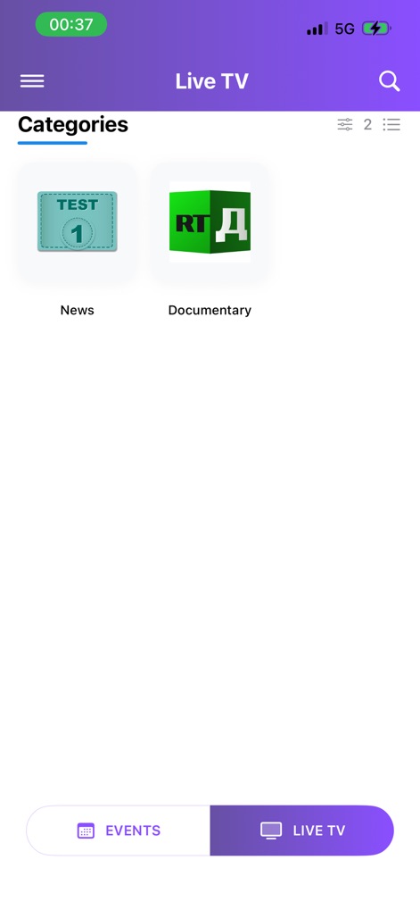 MadPlay Pro - This section presents content through categorized lists and utilizes clear navigation tabs, such as 'EVENTS' and 'LIVE TV', for structured browsing.