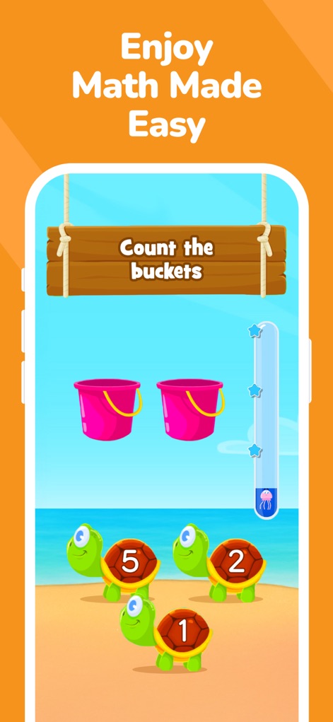 Kiddopia: Kids Learning Games - 이 앱은 바구니 세기 활동과 거북이 캐릭터를 활용하여 아이들이 기본적인 수 개념을 쉽고 재미있게 익힐 수 있도록 도와주며, 직관적인 숫자 인식과 진행 상황을 시각적으로 보여줍니다.