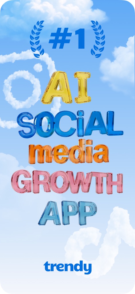 Trendy Profile Tracker & Boost - 이 앱은 소셜 미디어 성장을 위한 #1 AI 도구임을 강조하며, 구름 배경 위에서 눈에 띄는 3D 텍스트와 랭킹(#1)을 명확하게 보여줍니다.