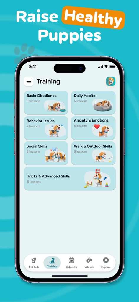 Dog Translator, Games for Dogs - Esta sección de entrenamiento presenta una amplia gama de módulos estructurados por categorías, como 'Obediencia Básica' y 'Habilidades Sociales', cada uno con un número específico de lecciones y un ícono representativo, brindando a los usuarios una guía completa para el desarrollo de cachorros saludables.