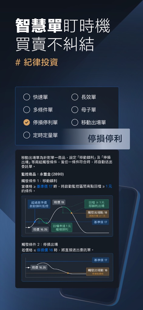 永豐金證券大戶投 – 智能籌碼權威升級 - La aplicación facilita la inversión disciplinada con órdenes inteligentes avanzadas, como stop loss y trailing stop, visualizadas con gráficos claros.