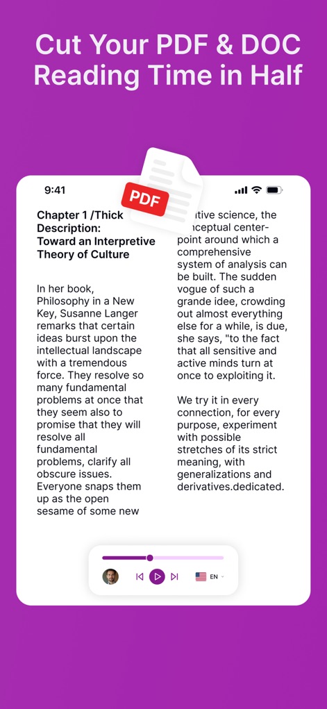 Text Reader - Text to Speech - This tool demonstrates seamless integration with documents, showcasing a PDF file being read aloud and a dedicated icon confirming its robust file support.