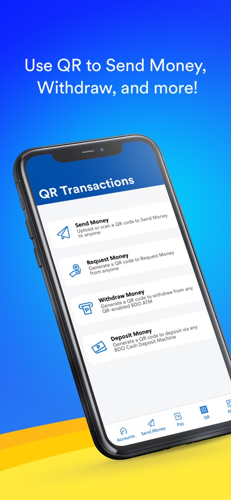BDO Online - Modern transactions are simplified through QR capabilities, enabling users to effortlessly 'Send Money' or 'Withdraw Money' using secure QR codes.