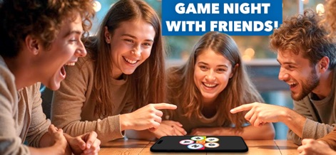 Party Word Game with Friends - This tool brings friends together, showcasing genuine laughter and shared excitement around the game board on a mobile device.