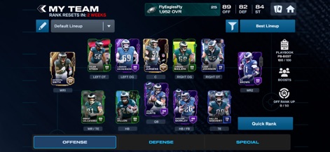 Madden NFL 26 Mobile Football - Dieser Screen präsentiert die umfassende Teambuilding-Funktion, die den Spielern das Sammeln und Verwalten von detaillierten Spieler-Karten sowie die strategische Anpassung der Aufstellung erlaubt.
