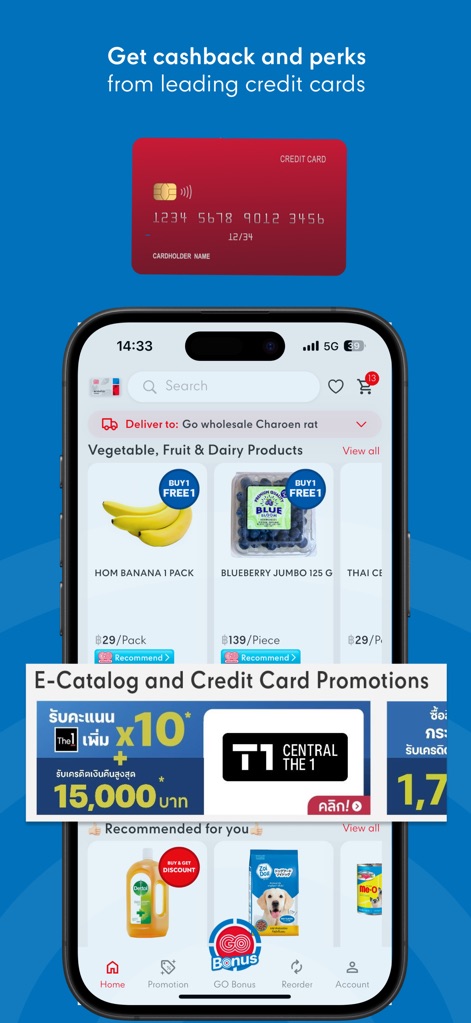 GO WHOLESALE - The app showcases prominent 'Credit Card Promotions' and partner loyalty programs like 'The1 Central The1', offering users additional cashback and exclusive perks on their transactions.