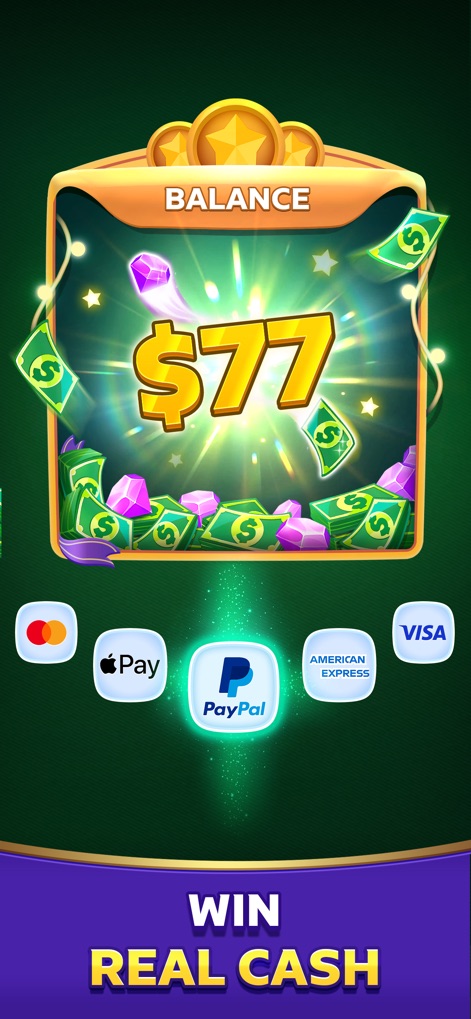 Solitaire Clash: Win Real Cash - The app presents a clear overview of the current cash balance, prominently featuring the amount and integrating secure payment gateways like PayPal and Apple Pay for user convenience.