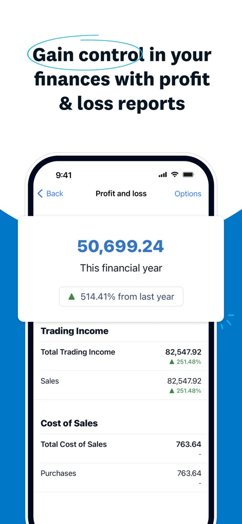 Xero Accounting for business - Nutzer erhalten detaillierte Gewinn- und Verlustberichte, die Einnahmen wie den "Gesamthandelsumsatz" und Ausgaben wie die "Kosten der Verkäufe" klar aufschlüsseln, um die finanzielle Performance zu analysieren.