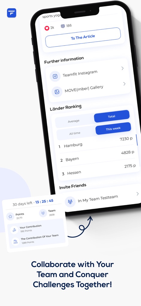 Teamfit - train as a team - Esta tela destaca o ranking de países e a funcionalidade de convite de amigos, permitindo que os usuários vejam a classificação regional "Länder Ranking" e adicionem novos membros facilmente ao time através da seção "Invite Friends".