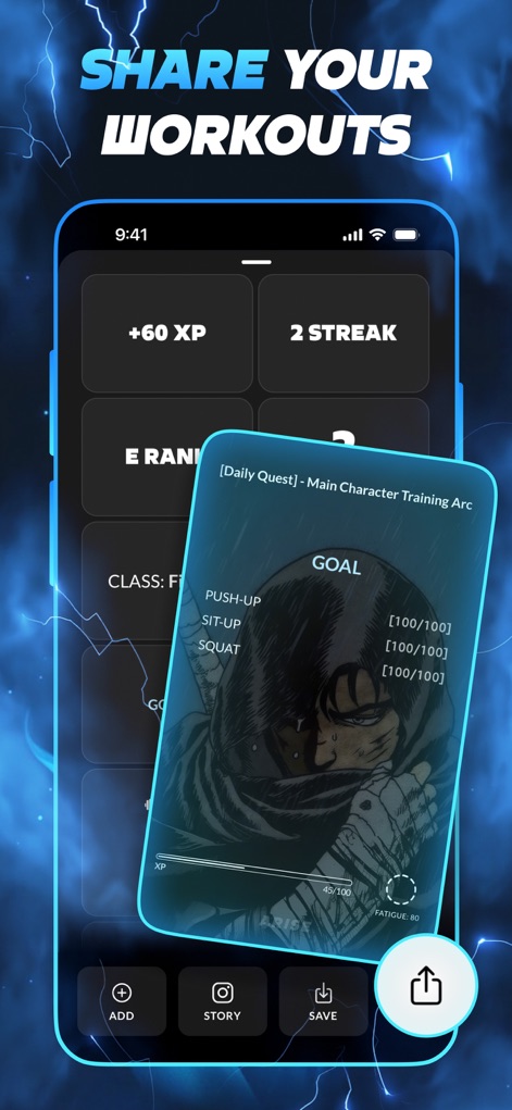 Arise: Level Up In Real Life - Users can review their daily quest completion with an overlay displaying fulfilled goals and share their "XP" and "Streak" rewards with friends.