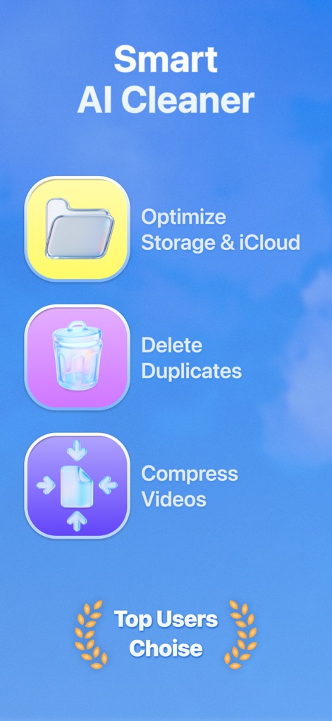 KeepClean AI: Storage Cleaner - See how the app's intuitive interface highlights core functions like "Optimize Storage & iCloud" and "Compress Videos" for effortless device management.