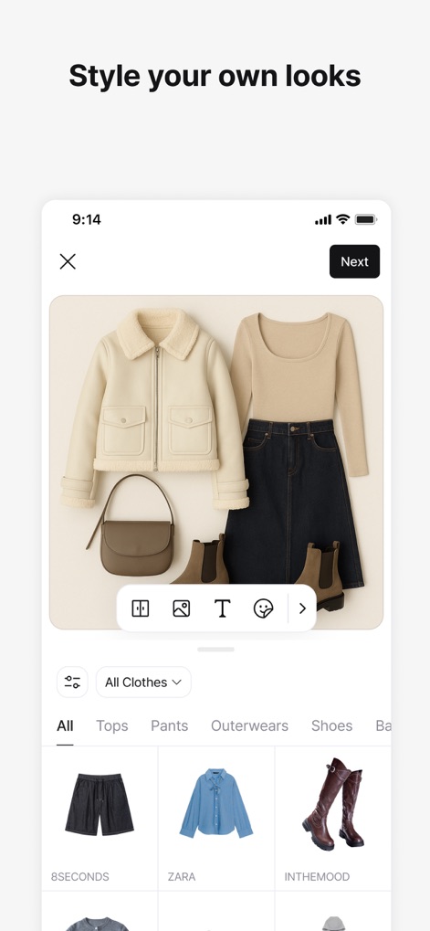 Acloset - AI Fashion Assistant - Observe the intuitive outfit builder, which allows users to select individual clothing items and categorize them by "Tops" or "Pants" for creative styling.