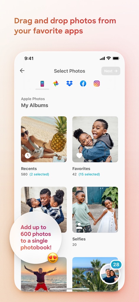 Popsa | Print Your Photos - This interface highlights the app's seamless photo import capabilities, allowing users to select images directly from "Apple Photos" and integrated cloud services like "Dropbox," supporting up to 600 photos per photobook.