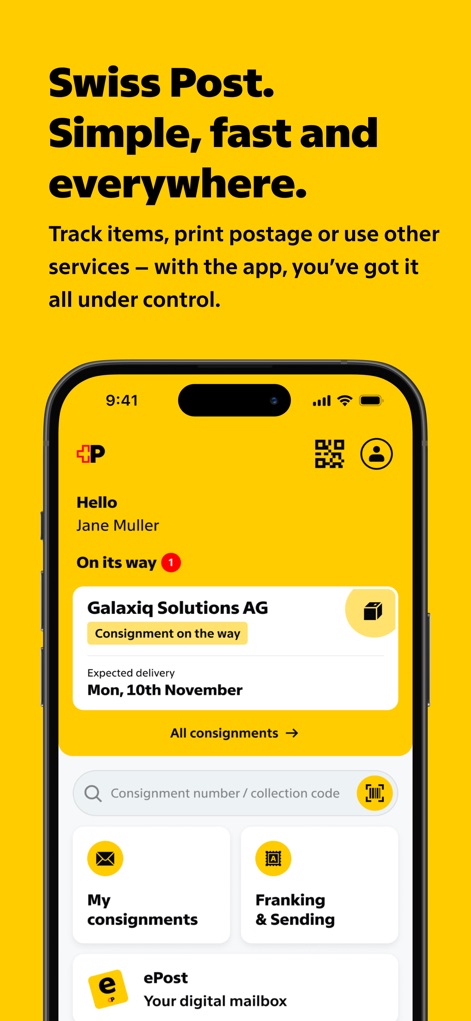 Swiss Post - L'application Swiss Post centralise les informations clés, affichant clairement le statut des "My consignments" et facilitant l'accès aux options de "Franking & Sending" dès l'écran d'accueil.