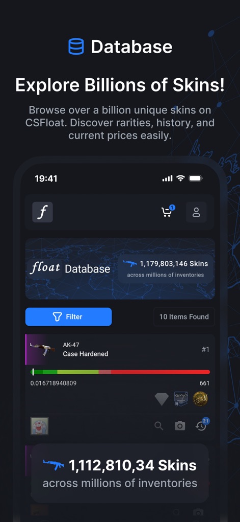CSFloat - L'app offre un accesso al più grande database di skin, come evidenziato dal numero impressionante di "1,179,803,146 Skins", permettendo di esaminare dettagli specifici e la storia di ogni articolo nel "float Database".