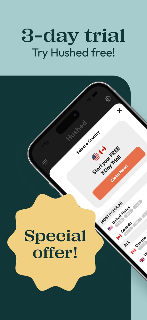 Hushed: US Second Phone Number - See the prominent call to action for a free 3-day trial and the simple selection process for choosing a number from various countries.