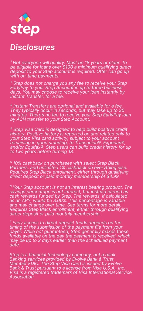 Step: All-In-One Money App - This detailed section offers full transparency through numbered disclosures, explaining important terms like loan eligibility and cashback mechanics.