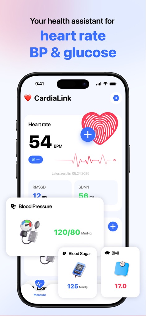 CardiaLink-Heart rate&Health - See how the app provides an immediate overview of key health metrics, displaying real-time heart rate alongside blood pressure and BMI readings.