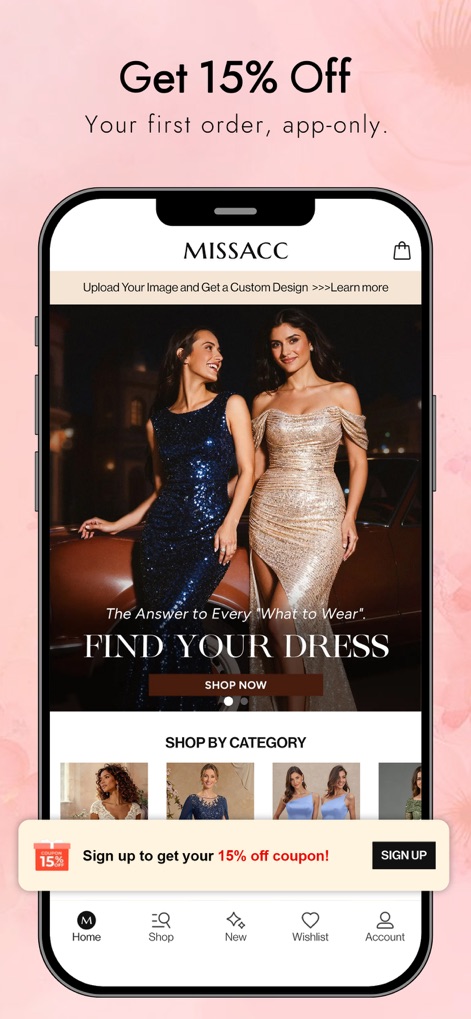 MISSACC: Bridal & Prom Dresses - Die Startseite bewirbt einen exklusiven '15% Off'-Rabatt für die erste Bestellung, was in Kombination mit dem Angebot, ein 'Custom Design' hochzuladen, die Personalisierung unterstreicht.